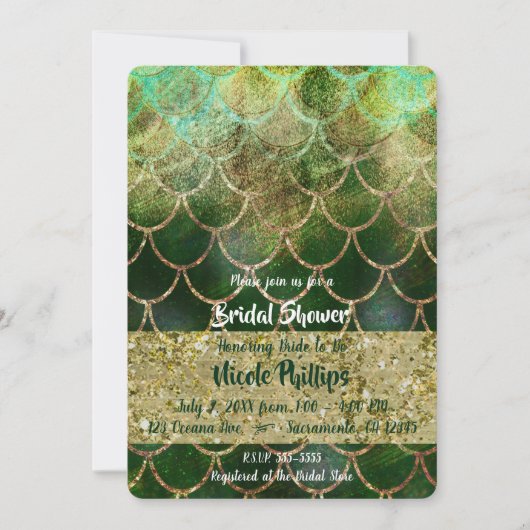 グリーン&金ゴールドマーメイドグはかりで測ラムブライダルシャワー 招待状 (正面)