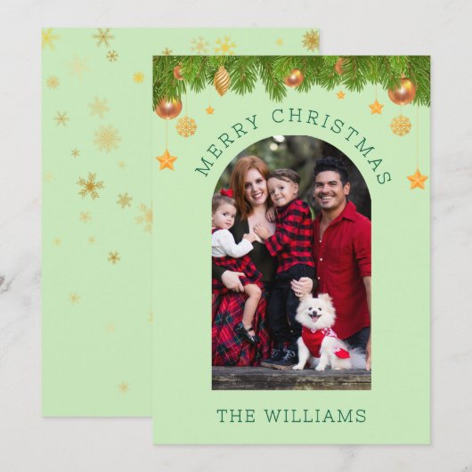 グリーン&金ゴールドメリークリスマスカスタムワンフォト シーズンカード (正面/裏面)