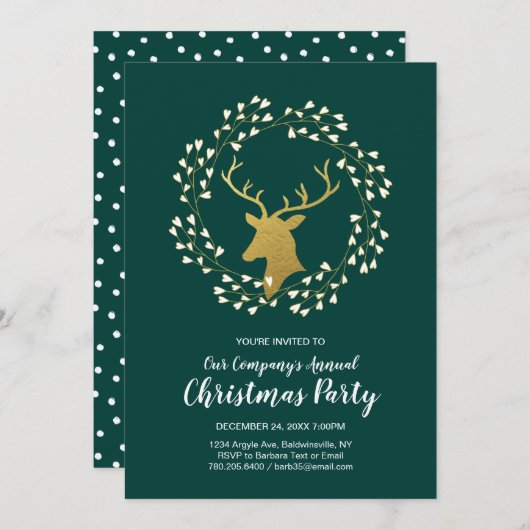 グリーン&金ゴールドモダンクリスマスホリデーディナーパーティー 招待状 (正面/裏面)