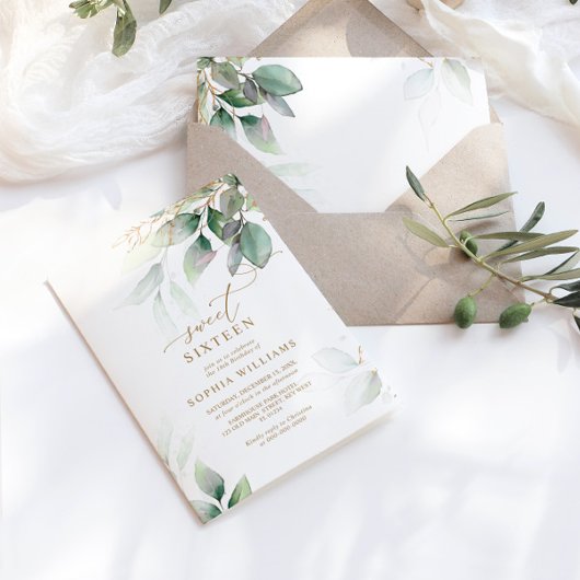 グリーン&金ゴールドユーカリプタススイーツ16誕生日 招待状