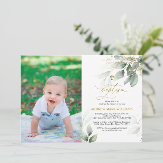 グリーン&金ゴールドユーカリプタスフォトバプテスマ招待状 招待状 (スタンド正面)