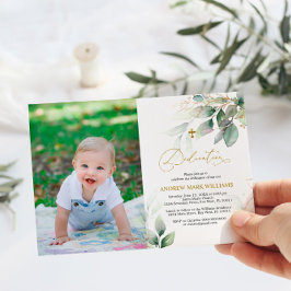 グリーン&金ゴールドユーカリ写真献身 招待状