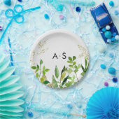 グリーン&金ゴールドリーフ結婚フレーズモノグラム ペーパープレート (パーティー)