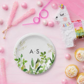 グリーン&金ゴールドリーフ結婚フレーズモノグラム ペーパープレート (パーティー)