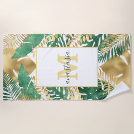 グリーン&金ゴールド熱帯植物ビッグ葉 ビーチタオル