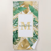 グリーン&金ゴールド熱帯植物ビッグ葉 ビーチタオル (正面)