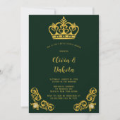 グリーン&金ゴールド王室のクラウンカップルシャワー招待状 招待状 (正面)