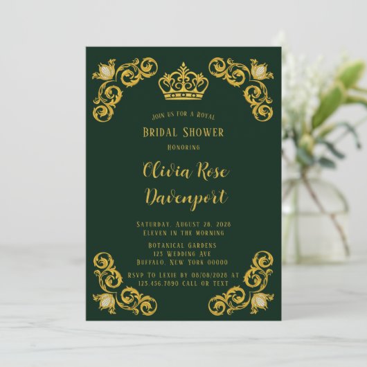 グリーン&金ゴールド王室のクラウンダマスクブライダルシャワー 招待状 (スタンド正面)