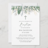 グリーン&金ゴールド葉の《キリスト教》洗礼式や命名式 招待状 (正面)
