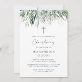 グリーン&金ゴールド葉の《キリスト教》洗礼式や命名式 招待状 (正面)