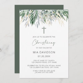 グリーン&金ゴールド葉の《キリスト教》洗礼式や命名式 招待状