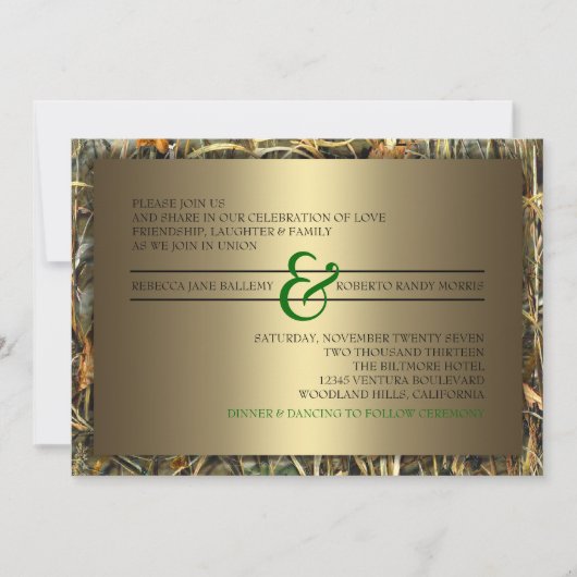 グリーン&金ゴールド迷彩柄結婚式招待状 招待状 (正面)