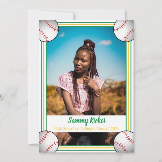 グリーン&金ゴールド野球の卒業 案内状 (正面)