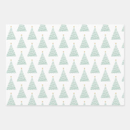 グリーン、金ゴールド、ブラックラインアートクリスマスツリー ラッピングペーパーシート
