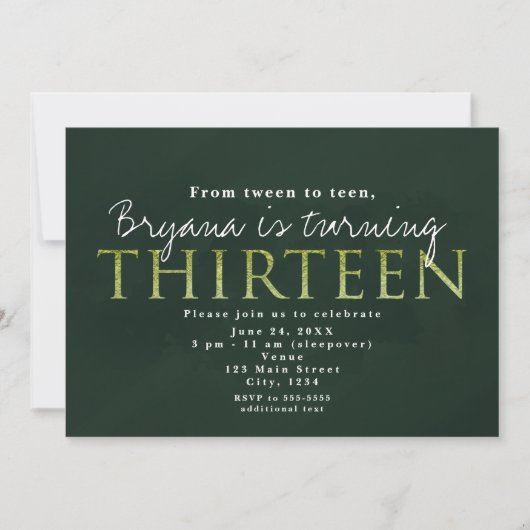 グリーン 13TH 13歳の誕生日パーティー招待状 招待状 (正面)