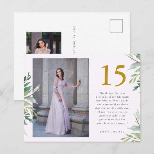 グリーン×2枚写真のキンセアニエラ ブッシュピンク お礼カード ポストカード (正面/裏面)