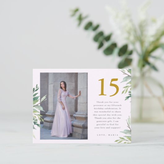 グリーン×2枚写真のキンセアニエラ ブッシュピンク お礼メッセージカード ポストカード (スタンド正面)