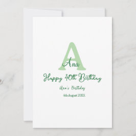 グリーン 40歳の誕生日 お名前 モノグラム 現代的なデザイン 招待状