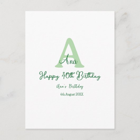 グリーン 40歳の誕生日 お名前 モノグラム 現代的 ポストカード (正面)