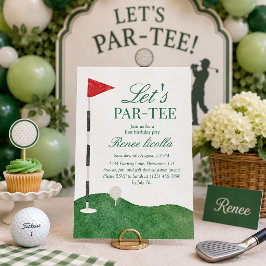 グリーン Let's Par-Tee ゴルフ1歳の誕生日招待状 サンキューカード