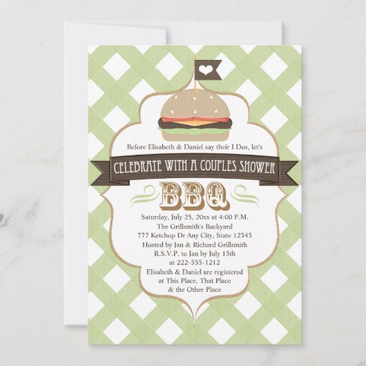 グリーンBBQカップルウェディングシャワー招待状 招待状 (正面)