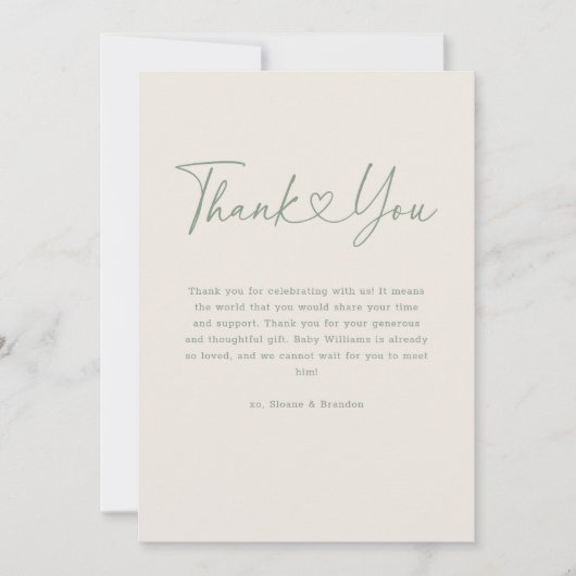 グリーンOhベビーハート書道シンプル赤ちゃんシャワー サンキューカード (正面)