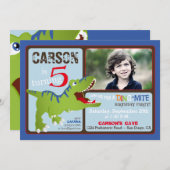 グリーンTレックス恐竜5番目の誕生日招待状 招待状 (正面/裏面)