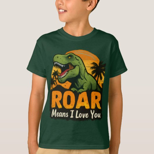 グリーンT-Rex恐竜 "吠えるは愛を意味する" キッズ Tシャツ (正面)