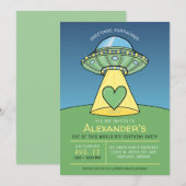 グリーンUFOエイリアンの誕生日パーティー招待状 招待状 (正面/裏面)