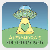 グリーンUFOエイリアン誕生日パーティー スクエアシール (正面)