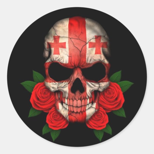 グルジア国旗のスカルと赤いバラ ラウンドシール (正面)