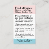 グルテンアレルギーレストランカード、セリアック食品安全 名刺 (裏面)