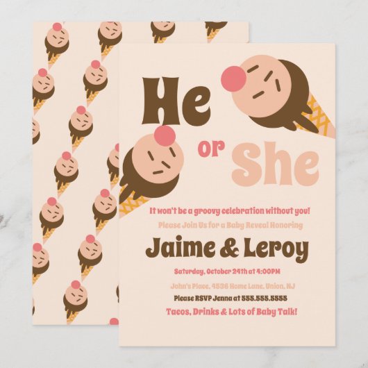 グルービーなアイスコーンのジェンダーリビール He or She 招待状 (正面/裏面)