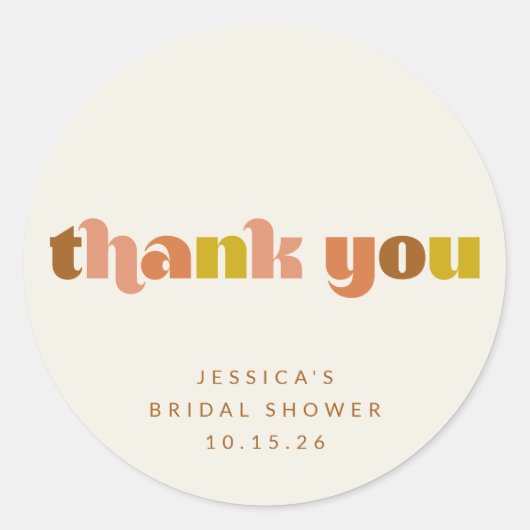 グルービーなテラコッタピーチのレトロテキストカスタムシャワー ラウンドシール (正面)