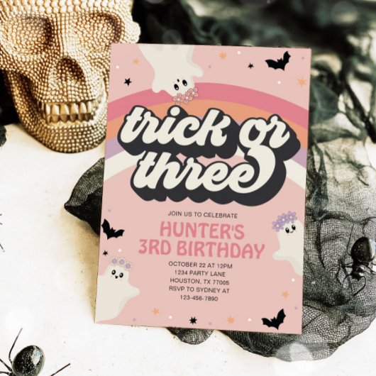 グルービーなトリックオアスリーの女の子の3歳の誕生日ハロウィン 招待状
