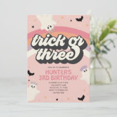 グルービーなトリックオアスリーの女の子の3歳の誕生日ハロウィン 招待状 (スタンド正面)