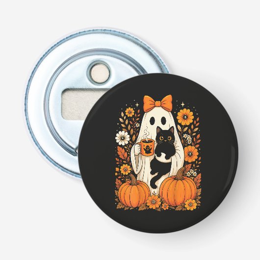 グルービーなハロウィンの幽霊が黒猫の花を抱える 栓抜き (正面)