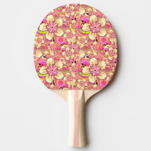グルービーなピンクの花柄 卓球ラケット (正面)