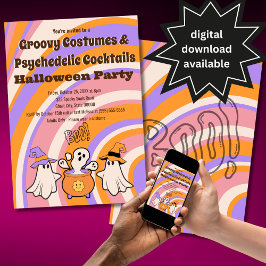 グルービーなレトロコスチュームとカクテルのハロウィンパーティー 招待状