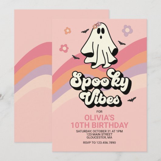 グルービーな幽霊のレトロハロウィン誕生日招待状 招待状 (正面/裏面)