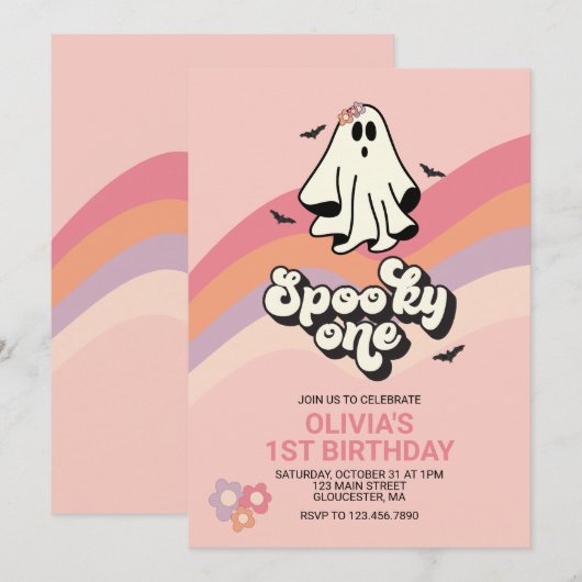 グルービーな幽霊のレトロハロウィン スプーキーな1歳の誕生日 招待状 (正面/裏面)