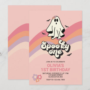 グルービーな幽霊のレトロハロウィン スプーキーな1歳の誕生日 招待状