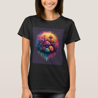 グルービーな楽しいキノコの女性用黒Tシャツ Tシャツ