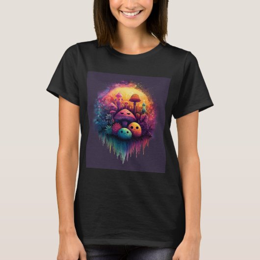 グルービーな楽しいキノコの女性用黒Tシャツ Tシャツ (正面)