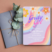 グルービーガールレトロレインボーベビーガールシャワー 招待状