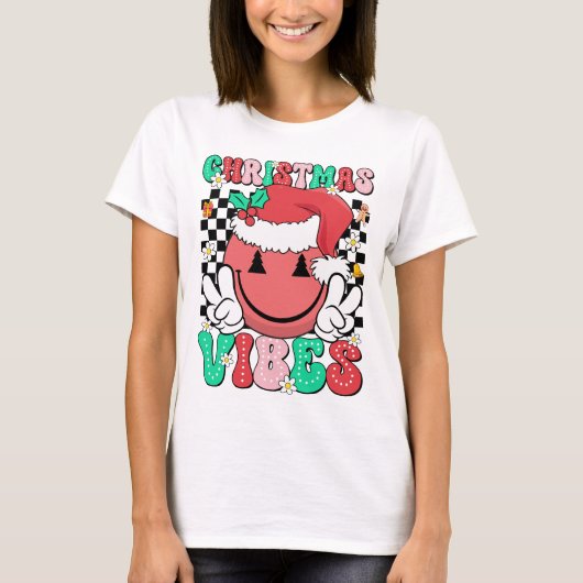 グルービークリスマスバイブススマイルフェイスサンタ帽子 クリスマス Tシャツ (正面)