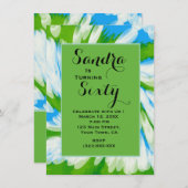 グルービーグリーンブルー絞り染め旋回誕生日 招待状 (正面/裏面)