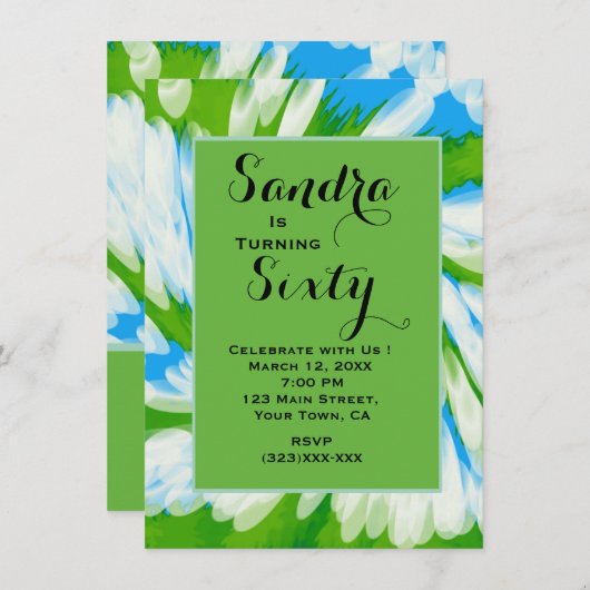 グルービーグリーンブルー絞り染め旋回誕生日 招待状 (正面/裏面)