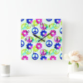 グルービーヒッピーピースサインズフラワーパワーアクア スクエア壁時計 (ホーム)