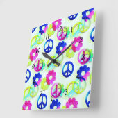 グルービーヒッピーピースサインズフラワーパワーアクア スクエア壁時計 (傾斜)